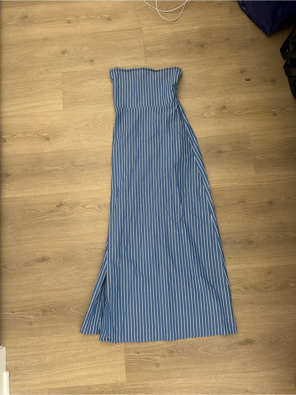 Blue and White Pinstripe Strapless Maxi Dress - Picture 2 of 5